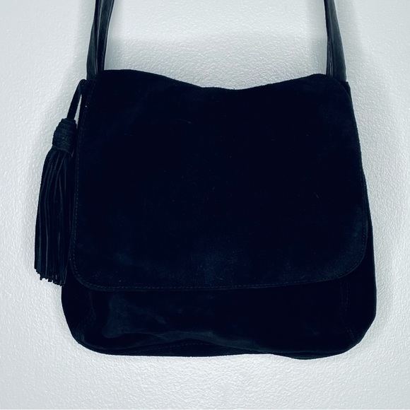 Lord & Taylor vintage boho hippie black leather and suede tassel shoulder bag - Picture 5 of 16